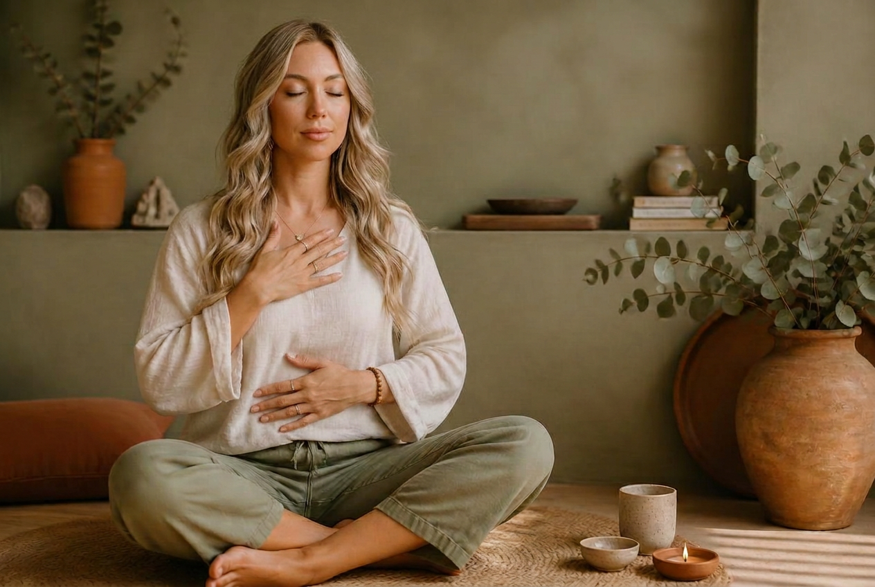 A woman sitting cross-legged practicing calm breathing with hands on belly and chest