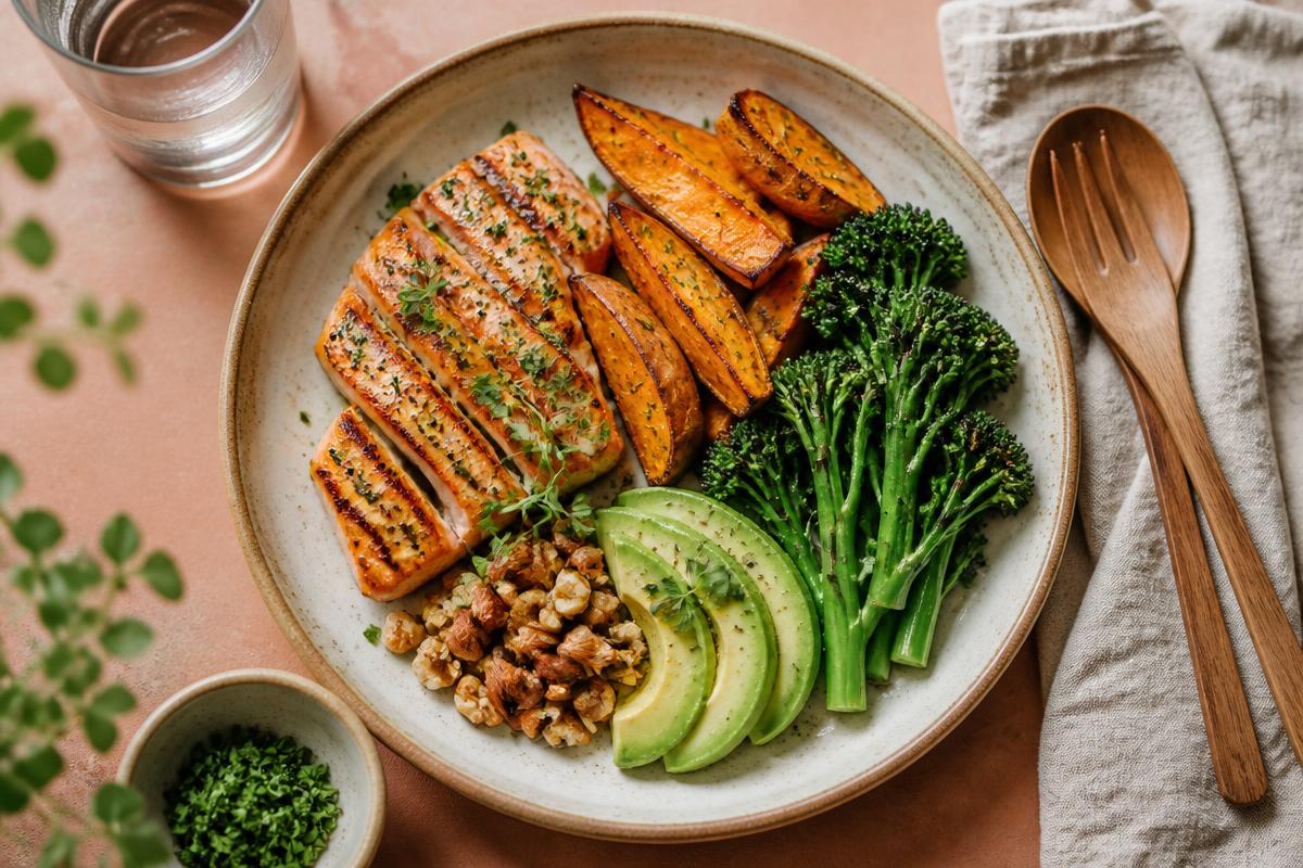 A balanced, nourishing plate with salmon, vegetables, avocado and whole grains