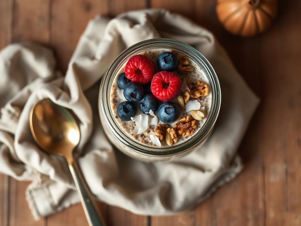 A jar of overnight oats topped with blueberries, raspberries, coconut flakes, seeds and walnuts
