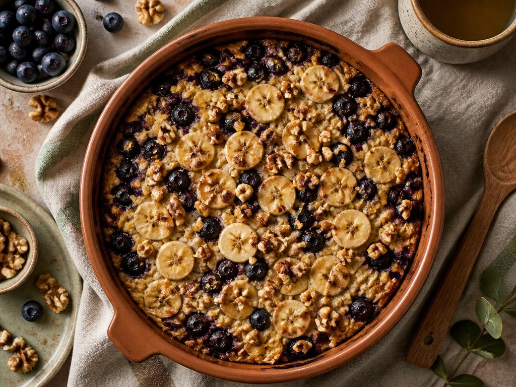 A warm blueberry and banana (breakfast) cake in a terracotta dish, topped with walnuts and served in natural light