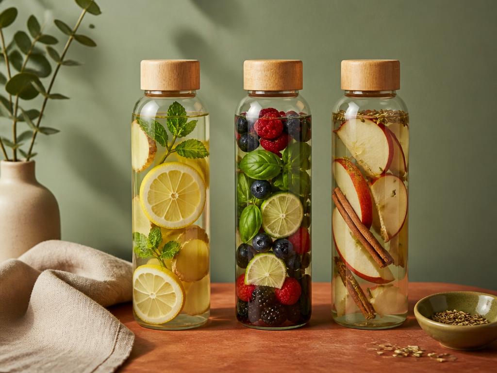Three glass bottles of infused water with lemon ginger mint, berry basil lime, and apple cinnamon fennel