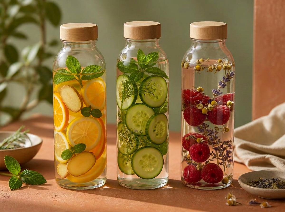 Three glass bottles of infused water with citrus and ginger, cucumber and fennel, and raspberry with chamomile and lavender