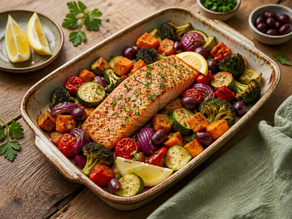 A rustic baking dish with salmon fillet, roasted sweet potato, courgette, cherry tomatoes, red pepper, red onion and broccoli