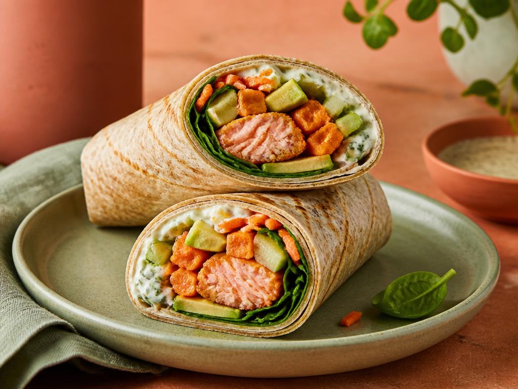 A wholegrain wrap cut in half, filled with salmon, sweet potato, spinach, carrot, cucumber, avocado and herby yogurt