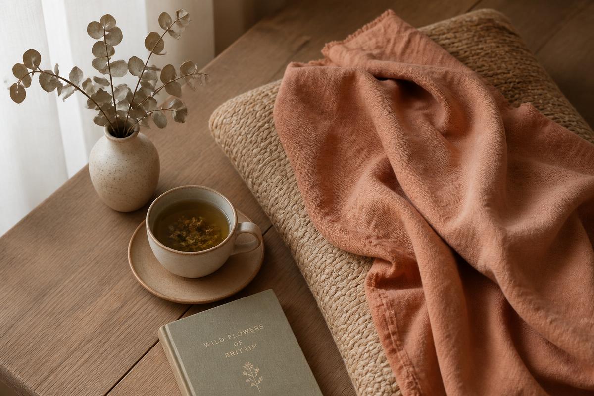 A soft terracotta blanket, herbal tea and eucalyptus creating a calm restorative corner