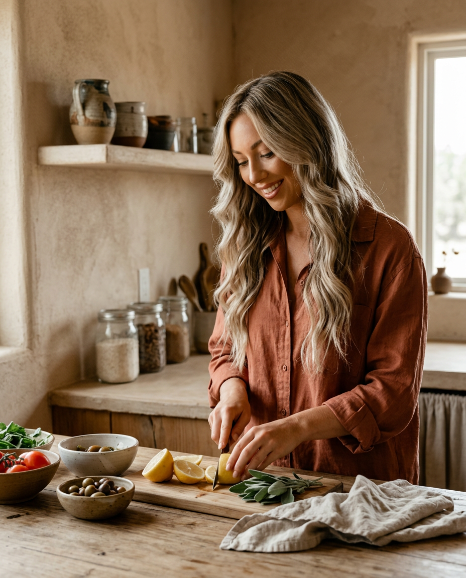 Sarah Rottiers preparing fresh food at a rustic kitchen counter