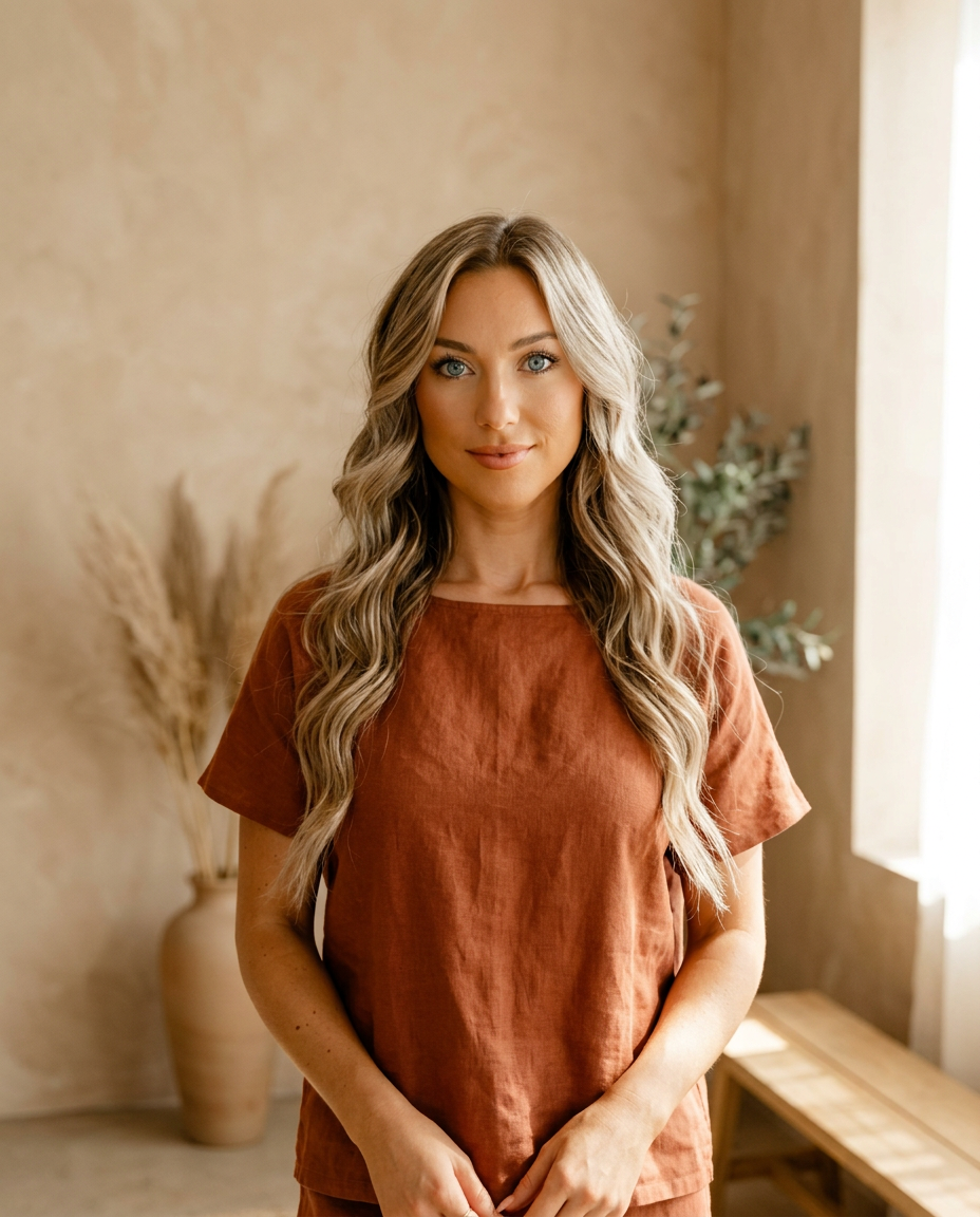 Portrait of Sarah Rottiers, founder of Improve.U, in a warm sunlit studio
